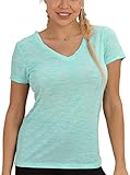 icyzone Damen Sport T-Shirt V-Ausschnitt - Laufshirt Kurzarm Top Trainingsshirt Fitness Oberteile Sportbekleidung (M, Ice Green)