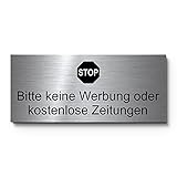 Hinweisschild Keine Werbung und kostenlose Zeitung | Hochwertiges Türschild mit Gravur auf Edelstahl - kein Druck | Briefkastenschild Werbung verboten - UV-beständig