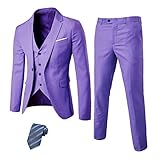 EastSide Herren Slim Fit 3 Stücke Anzug One Button Blazer Set Jacke Weste & Hose, violett, M