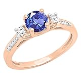 18 K Rose Gold 6 mm Rund Tansanit, weißer Saphir & Diamant Bridal Verlobungsring (Größe 9,5)
