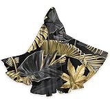 Umhang Muster Gold Schwarz Tropische Blätter Kapuzen Umhang Halloween Gruselig Outwear Mantel Unisex Hautfreundlich Lange Party Umhang Kappe Anzug Personalisierte Cosplay Kostüme für Männer F