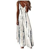 Damen Freizeitkleid Sommer Spaghettiträger Maxikleider Mode Gestreift Druck Hohe Taille Partykleid Swing Strandkleid Festlich Elegant Kleider (White, XXXXL)