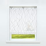 CORLIF Raffrollo ohne Bohren Raffgardine mit Ösen Gardinen Küche mit V-Haken Transparent Vorhänge Mit Wellen-Druck Mordern Voile Schwarz BxH 45x130cm 1 Stück