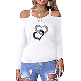 Calvinbi Damenmode Love Druck Shirt Bluse Schulterfrei Schlinge Langarm V-Ausschnitt Freizeit Top