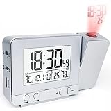 YNIXK Projektionswecker digitaler Wecker Reisewecker 4 einstellbare Projektionshelligkeit Tischuhr Mit Dual-Alarm Snooze Datum Zeit- und Temperaturanzeige,180 ° Flip-Anzeige,Chargeur USB,silver-1p