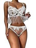 TOP GEE Sexy Dessous für Frauen, weißer Stickerei-BH und Slip-Set, 2-teilig, Spitze, Push-Up-Unterwäsche, Teddy, Babydoll, Weiß, Larg