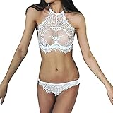 GBEN Damen Neckholder Erotische Dessous Unterwäsche mit Schleife Einteiler Reizwäsche Set Einfarbig Rückenfrei Bodysuit Teddy Pyjama Bodys Tops Overalls Nachthemd (Weiß, XL)