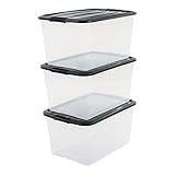 Iris Ohyama, 3er-Set, Aufbewahrungsboxen, 45 L, mit Clips, stapelbar, Wohnzimmer, Schlafzimmer, Garage - Top Box TB-45 - Transparent / Schw