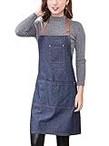 Aivtalk Kochbegeisterte Frauen Schürze Baumwolle Denim Kochschürze Küchenschürze Grillschürze Latzschürze Ärmellose Damen Schürze mit Taschen 71 * 65cm Denim B