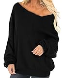 Auxo Damen Langarm Schulterfrei Jumper Lose Sweatshirt Pullover Oberteil Tops Hemd Oversize, 01-schwarz, Gr.- XL