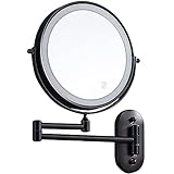 8'' An Der Wand Befestigter Make-Up-Spiegel Schwarz USB Wiederaufladbar Doppelseitig Mit 3 Tönen Led-Lichtern, 1X/10X Vergrößerungs-Badezimmerspiegel Zum Rasieren Ausziehbarer Arm Touch C