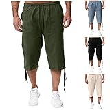 JIAYOUA Leinenhosen Herren Freizeithose 3/4 Hosen Einfarbig Kordelzug Sommerhose Sport Jogginghose Loose Bequeme Atmungsaktive Hose Leinen Sporthose Männer Jogginghose mit T