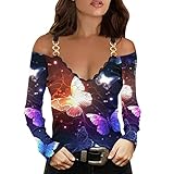 Damen Schulterfrei V-Ausschnitt Langarmshirt Retro Bedruck Oberteile Sexy Spitze Tunika Tops Slim Fit Pullover T Shirt mit Schmetterling Motive Elegant Off Shoulder Bluse Tee Top