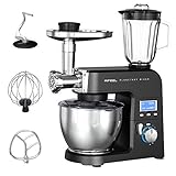 AIFEEL Küchenmaschine Metall, 8 in 1 Multifunktions Knetmaschine mit 3 Rührwerkzeuge, Fleischwolf, Entsafter, Nudelaufsatz,Wurst-Set, 8-Gang mit Timing-Funktion,5.5 L Schüssel, LCD-Display