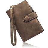 HNOOM Geldbörse Damen Klein Portemonnaie Damen 100% veganes Leder Geldbeutel Damen Weich Bequem Kleine Brieftasche Geldbeutel für Frauen mit 16 Kartenfächer und Handschlaufe (Kaffee)
