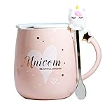 Süß Einhorn tasse Kaffeetassen Becher Kaffee-Becher Keramik Teetasse Milchbecher Neuheit Becher mit Deckel und Löffel Geschenke für Hochzeiten Geburtstage Ferien Frauen Mädchen Liebhaber M