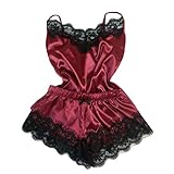 HCOO Sexy Set Latex Dessous Frauen Sexy Sommer Pyjama Damen Reizunterwäsche Damen Set Bodysuit Damen Langarm Bikini-Body Bodysuit Cocktailkleid(D1-Wein,L)