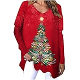 Pullover Damen Weihnachten Langarmshirt V-Ausschnitt Sweatshirt Große Größe Pulli Oberteile Herbst Winter Bequemes Bluse Shirt Tunika Schneeflocke Elchdruck Jumper Outwear für F