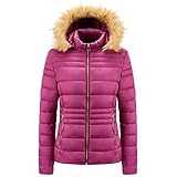 Winterjacke Damen Lang Mit Fell Daunenmantel Warm Gestreifte Daunenjacke Mit Abnehmbarer Mütze Wintermantel mit Kunstpelz Kapuze Steppjacke Warme Lange Mäntel Daunenjacke Outdoorjack