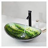 Ausgussbecken Grüner ovaler Glaswaschraum Waschbecken Schiffswaschbecken Badezimmer Waschbecken Waschbecken Schwarz Wasserhahn Set spü