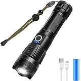 5000 Lumen LED Taschenlampe USB Aufladbar, Taktisch Extrem Hell Taschenlampe 5 Modi Wasserdichtes Zoombares Leistungsanzeige Handlampe, 18650 Batterie Ink