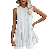 Masrin Sommer Tops Damen Lässige einfarbige Tanktops Ärmelloses Sommer T Shirt Plissee Shirts mit Rüschensaum Weste mit Rundhalsausschnitt Elegante Bluse in A Linie Trägershirts Long