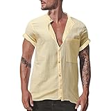 Beokeuioe Herren Kurzarm Pullover T-Shirt Herren Baumwolle Leinen Henley Shirt Einfarbig Hemd mit Taste Revers Herren Freizeithemd Loose Fit Kurzarm-Hemden Herren S