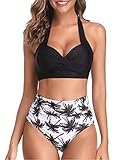 DURINM Damen Zweiteilige High Waist Bikini Set Bademode Push Up Pads Badeanzug Crossover Schwarz Oberteil Triangel Strandmode Sportlich Bademode für F