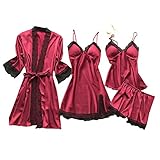 Damen Sexy Spitze Pyjamas 4Pcs Set Satin Bademantel Seide Roben V Ausschnitt Mit Blumen Spitze Satin Bademantel Shorts Nachthemd Top Babydoll Nachtwäsche Nachthemd Set Kimono D