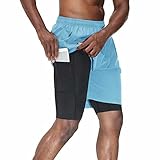 HMIYA Herren 2 in 1 Shorts Fitness Sporthose Kurz Jogginghose Schnelltrocknende Laufhose mit Kompressionsshorts und Taschen Reißverschlussfach(Hellblau,EU-L/US-M)