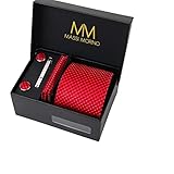 Massi Morino ® Herren Krawatte Set mit umfangreicher Geschenkbox rot rote karriert karrierte Karos rotfarben hellrot rotekrawatte karriertekrawatte red hellrot feuerrot kirschrot k