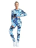 Alvivi Damen Sport Set Tie Dye Langarmshirt Crop Top mit Hose Tight Leggings Sportanzug Trainingsanzug Yoga Fitness Sport Tanzkleidung A Blau M