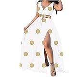 OTGOPS Damen Sexy V-Ausschnitt Polka Dot Printed Split Dress Sommer Ärmelloses Strandkleid Damen Bohemian Floral Print Wrap V-Ausschnitt Kurzarm Schnürk