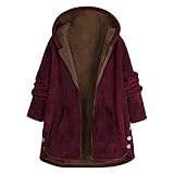 Lazzboy Winterjacke Frauen Seitlicher Knopf Mit Kapuze Langer Hülsentaschen Mantel Kapuzenjacke Damen Oversize Winter Hoodie Locker Pullover Lang Grosse Strickjacke(Wein,5XL)