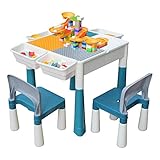 KORIMEFA Kindertisch mit Stühle Set 5 in 1 Kompatibles Multi Aktivitätstisch Set für Kinder Baustein Tisch Basteltisch für Kinder Baby (mit 120 Stück großen Blöcken, primär)