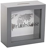 Brandsseller Spardose Urlaubskasse Sparbüchse Bilderrahmen Design mit beschrifteten Sichtfenster und Weltkarte G