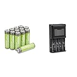 Amazon Basics – AA-Batterien mit hoher Kapazität, wiederaufladbar, 2400 mAh, 12 Stück, vorgeladen & Intelligentes, digitales Akku-Ladegerät für 4 Akkub