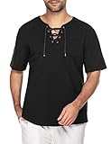 JINIDU Herrenmode T-Shirt Baumwolle Leinen T-Shirt Casual Beach Shirts Kurzarm Yoga-Top mit V-Ausschnitt (Kurzarm-Schwarz, Medium)