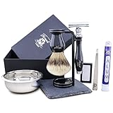 Haryali London Rasierset – 6-teiliges Rasierset – Silvertips Dachshaar – Doppelschneidiger Rasierhobel – Rasierschale – Alaunstift – Pinzette – Elfenbein – Rasier-Geschenk