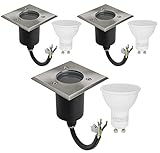 3er Set Bodeneinbauleuchte IP67 Wasserdicht 230Volt AC GU10 5Watt LED Leuchtmittel Geprüft Warmweiss 400Lumen 3000Kelvin Befahrbar Edelstahl Rostfrei Gehwegbeleuchtung