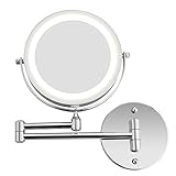BATHWA Wandmontage Zweiseitig Beleuchteter Kosmetikspiegel, 360° Horizontal Schwenkbar und Vertikal, Metall Verchromt 5-Fache Lupe + Gewöhnlicher Planspieg