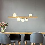 Pendelleuchte Holz Rustikal 5-flammig Kugel aus Glas Pendellampe mit G9 Leuchtmittel Retro Deckenleuchte für Esszimmer E