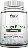 Ginkgo Biloba 6000mg Tabletten | 400 Hochdosierte Gingko Biloba Extrakt Tabletten | Frei Von Allergenen und für Vegetarier und Veganer Geeignet | Hergestellt in Großbritannien durch Nu U N