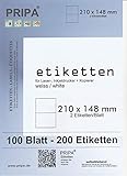 200 Etiketten 210x148mm selbstklebend, 2 Stück auf einem Blatt A4-insgesamt 100Blatt, allround-Qualität w