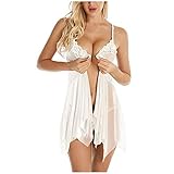 Lazzboy Dessous Für Frauen Frontverschluss Babydoll Lace V Neck Mesh Nachtwäsche Damen Reizwäsche Korsett Minikleid Negligee Lingerie Set Split Ouvert(Weiß,S)