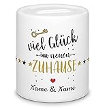 Tassendruck Spardose - Viel Glück im neuen Zuhause - mit Namen Personalisieren - Geschenk zum Einzug, Hausbau, Einweihungsfeier, Geldgeschenk - Sparbü