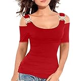 Tshirt Oberteile Damen Elegant Sommer Kurzarm Schulterfrei Sexy Elegant Gemütlich Einfach Kurzarm Tee Tops mit Metall Tshirt Kurzarm Basic Eng Shirts Casual Rundhals Shirt Hemd Bluse Teenager M