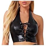 Strappy Leder Bh Damen Crop Tops V-Ausschnitt Neckholder Wetlook Brustfrei BH Weste Tank Tops Leder Schulterfrei Kurz Tops Rückenfrei Oberteil Clubwear Gogo Frauen Lack Leder Sexy Party Tanktop