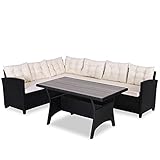 Casaria Polyrattan Lounge Set WPC Esstisch 7cm Dicke Auflagen Wetterfest Garten Sitzgruppe Ecklounge Gartenmöbel Schw