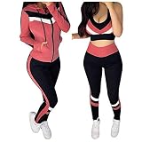 WENZHOU Damen 3teiliger Sportanzüge Jogginganzug Sport Sets Yoga-Klage Leggings und Stretch-Sport-BH-Fitness-Set Jogginganzug Reißverschluss Kapuzen Trainingsanzug Set Fitness Jogging Tennis L